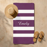 Modern Elegant Purple Stripes Pattern Name Beach Towel