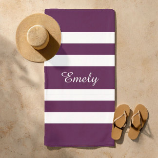 Modern Elegant Purple Stripes Pattern Name Beach Towel