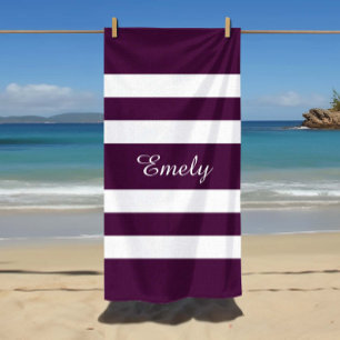 Modern Elegant Purple Stripes Pattern Name Beach Towel