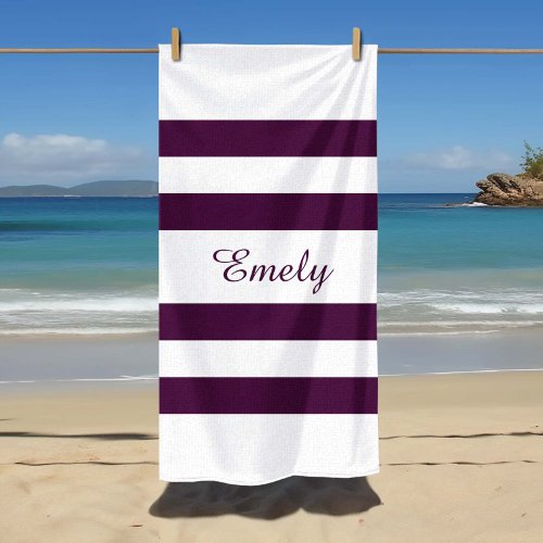 Modern Elegant Purple Stripes Pattern Name Beach Towel