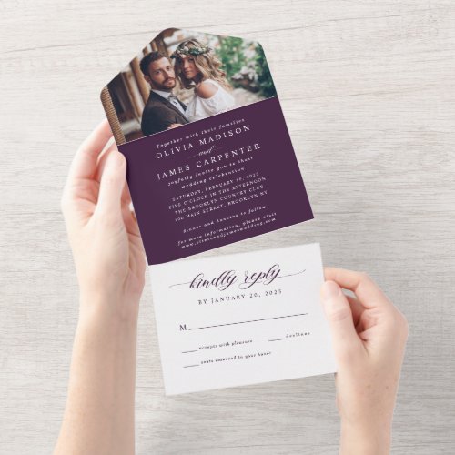 Modern Elegant Purple Violet Photo RSVP Wedding All In One Invitation