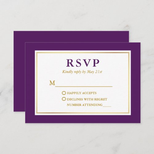 Modern Elegant Purple White Gold RSVP Card