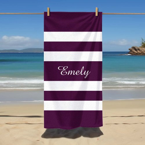 Modern Elegant Purple White Stripes Pattern Name Beach Towel