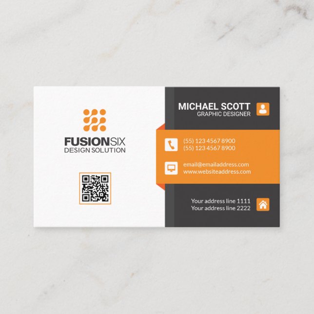 Modern Elegant QR Code - orange Business Card (Front)