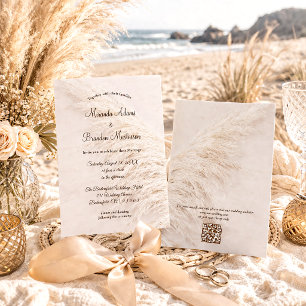 Modern Elegant QR Code Pampas Grass Boho Wedding Invitation