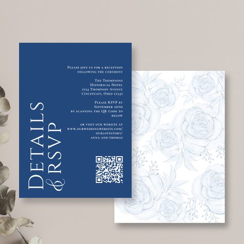 Modern Elegant QR Code RSVP Details Blue Floral Enclosure Card