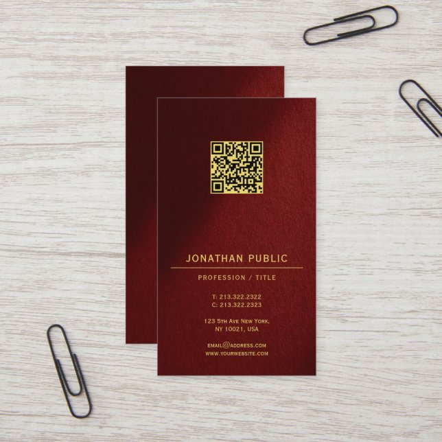 Modern Elegant QR Code Template Gold Text Vertical Business Card (Front/Back In Situ)