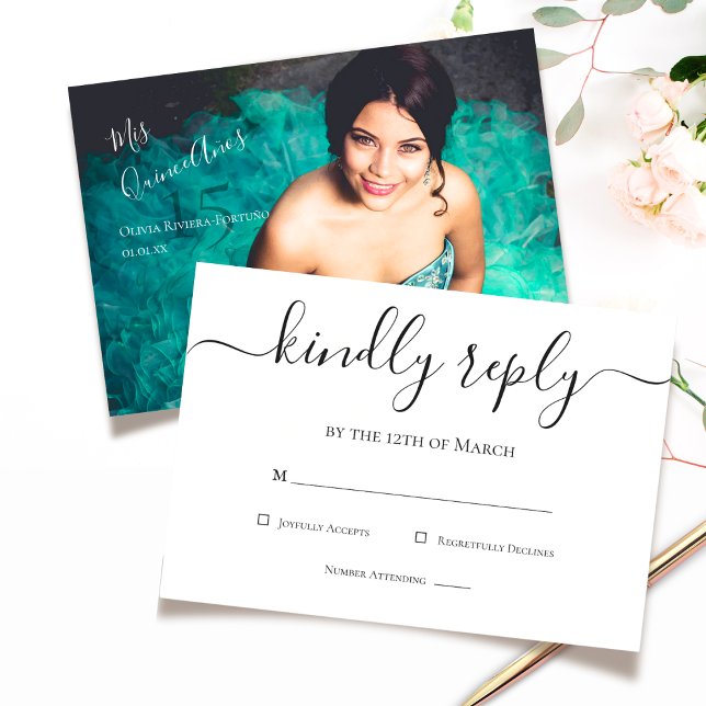 Modern Elegant Quinceanera 15th Birthday Photo RSVP Card (Creator Uploaded)
