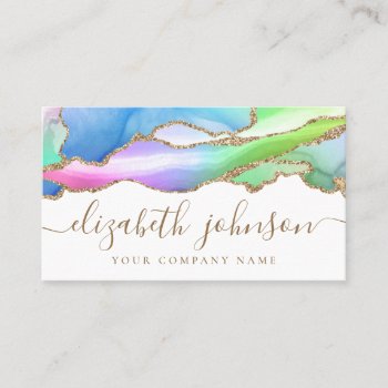Modern Elegant Rainbow Gold Glitter Agate Marble Business Card by pangga_designs at Zazzle