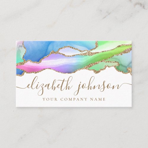 Modern Elegant Rainbow Gold Glitter Agate Marble Business Card