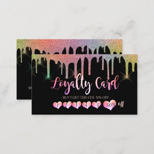 Modern Elegant Rainbow Hearts Black Drips  Loyalty Card