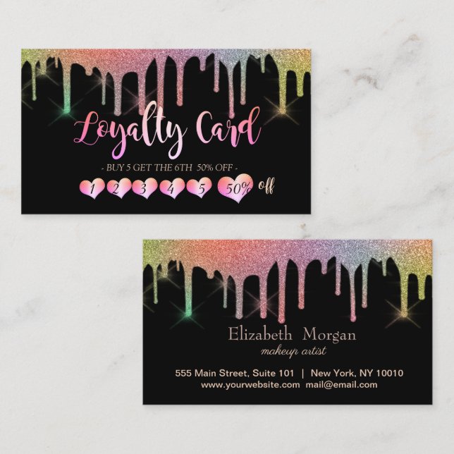 Modern Elegant Rainbow Hearts, Black Drips  Loyalty Card (Front/Back)