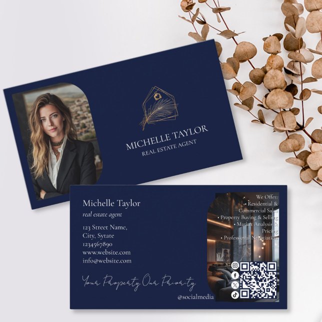 Modern Elegant Real Estate Realtor Photo Gold Business Card (modern gold and navy real estate business card with photo and QR code)