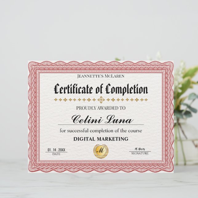 Modern Elegant Red and Gold Certificate of Compl  (Standing Front)