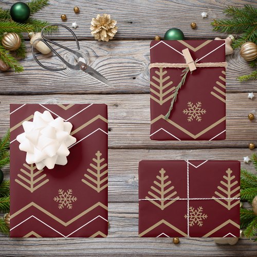 Modern Elegant Red and Gold Christmas Tree Pattern Wrapping Paper Sheets