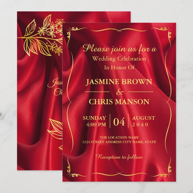 Modern Elegant Red And Gold Wedding Invitation (Front/Back)