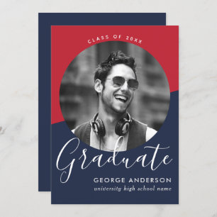 Modern Elegant Red Blue White Photo Graduation Invitation