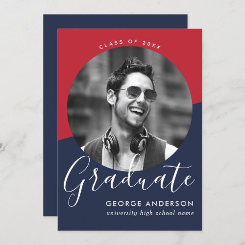 Modern Elegant Red Blue White  Photo Graduation Invitation