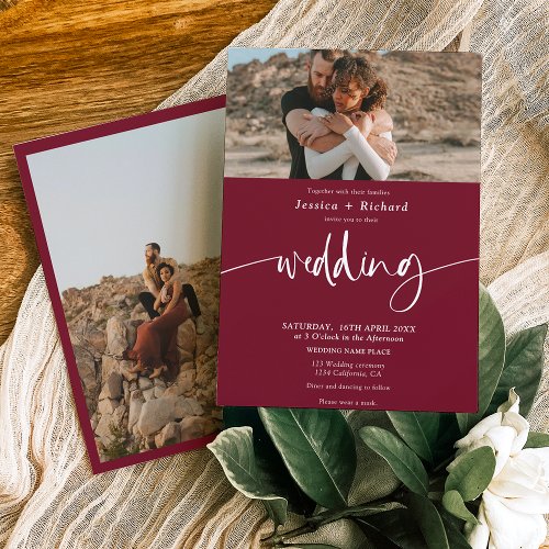 Modern elegant red burgundy wedding script photos invitation