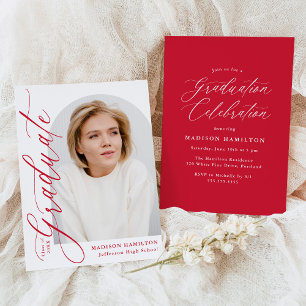 Modern Elegant Red Calligraphy Photo Graduation Invitation