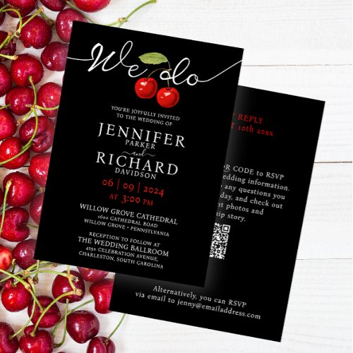 Modern Elegant Red Cherries And QR Code Wedding Invitation