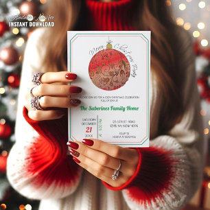 Modern Elegant Red Christmas Doodle Ornament Invitation