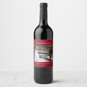 Modern Elegant Red Christmas Holiday Family Photo Wine Label