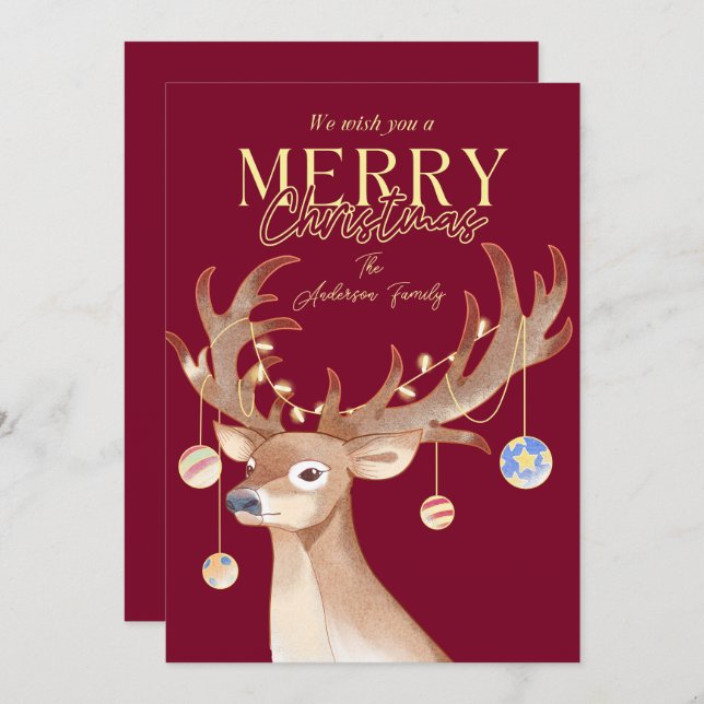 Modern Elegant Red Christmas Script Reindeer Holiday Card (Front/Back)