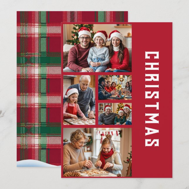 Modern Elegant Red Five Photo Collage Christmas Holiday Card (Front/Back)