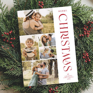 Modern Elegant Red Five Photo Collage Christmas Holiday Card