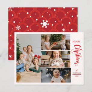 Modern Elegant Red Five Photo Collage Christmas Holiday Postcard