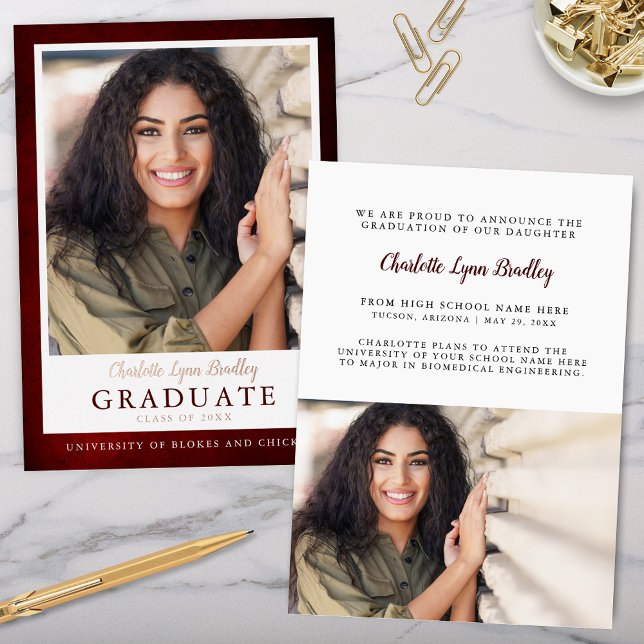 Modern Elegant Red Foil Graduation Announcement (Modern burgandy elegant red and gold foil graduation announcement for college high school graduation)