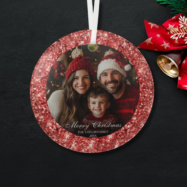 Modern Elegant Red Glitter Christmas Family Photo Glass Ornament (Creator Uploaded)