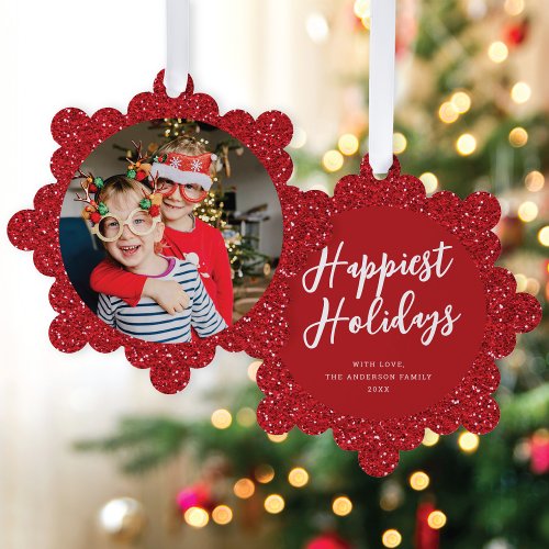 Modern Elegant Red Glitter Photo Christmas Holiday Ornament Card