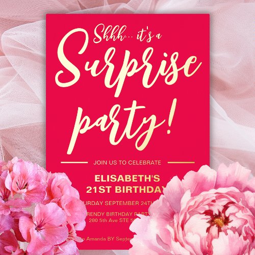 Modern Elegant RedGold 21st Surprise Birthday  Foil Invitation