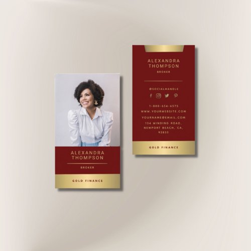 Modern Elegant Red Gold CEO Professional Photo Business Card