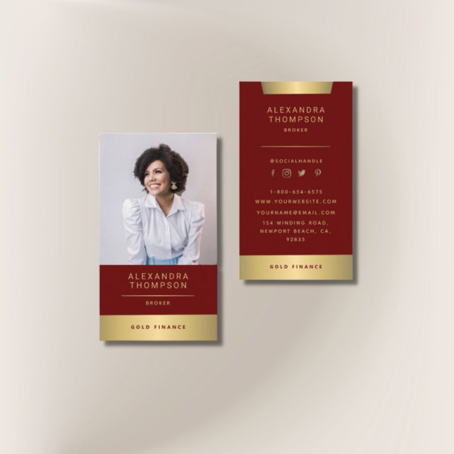 Modern Elegant Red Gold CEO Professional Photo Business Card (Creator Uploaded)