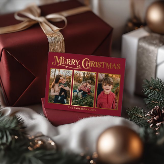Modern Elegant Red & Gold Christmas 3 Photos Foil Holiday Card (Modern Elegant Red & Gold Christmas 3 Photos Foil Holiday Card)