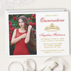 Modern Elegant Red Gold Crown Photo Quinceanera Invitation