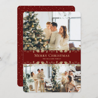 Modern Elegant Red Gold Photo Merry Christmas Holiday Card