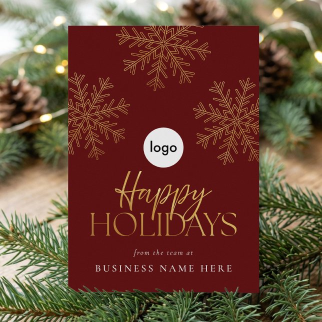 Modern Elegant Red Gold Snowflake Business Holiday Card (Creator Uploaded)