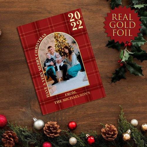 Modern Elegant Red Gold Tartan Plaid Christmas Foil Holiday Card
