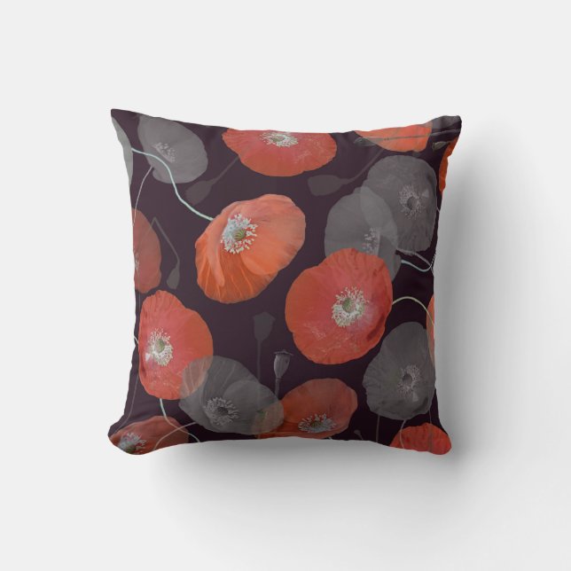 Modern Elegant Red Gray Poppy Flowers Throw Pillow (Front)