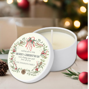 Modern Elegant Red Green Christmas Floral Wreath Mini Candle Favors