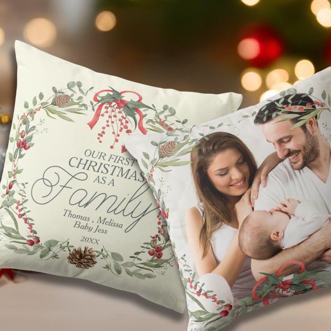 Modern Elegant Red Green Christmas Floral Wreath  Throw Pillow (Creator Uploaded)