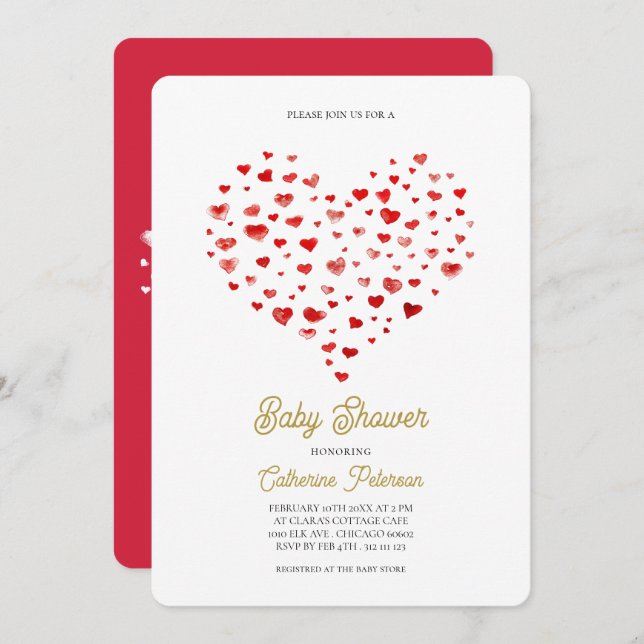 Modern Elegant Red Hearts Baby Shower Invitation (Front/Back)