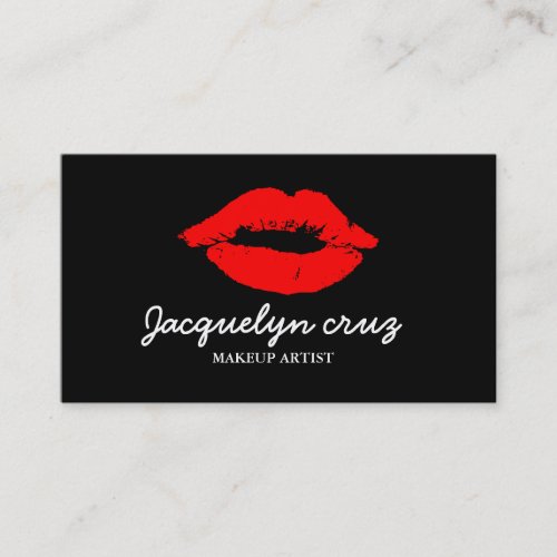 Modern Elegant Red Lips Makeup Artist Plain Black Business Card