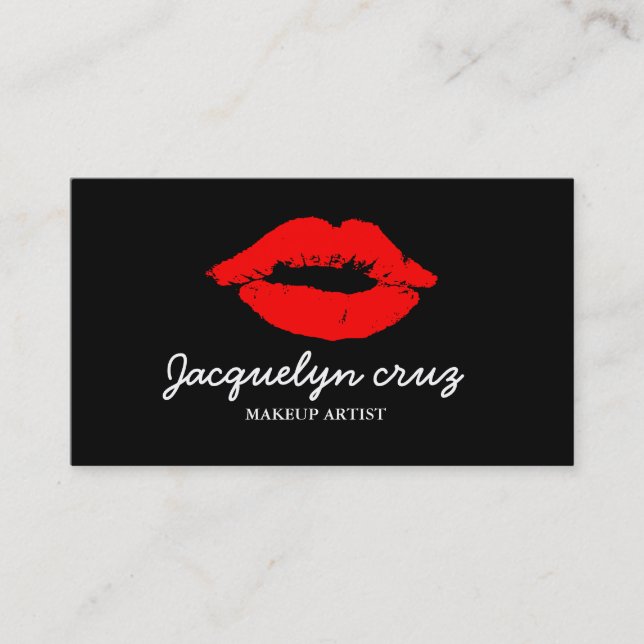 Modern Elegant Red Lips Makeup Artist Plain Black Business Card (Front)