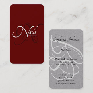 Modern Elegant Red Monogram Typography Nail Artist Business Card