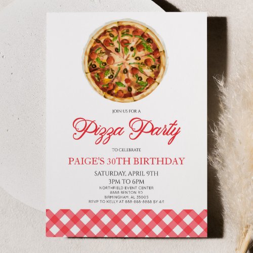 Modern Elegant Red Pizza Party Birthday Party Invitation